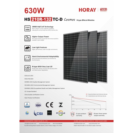 Panneau solaire bifacial N-Type 630 W – Horay Solar Cosmos HS210R-132TC-D